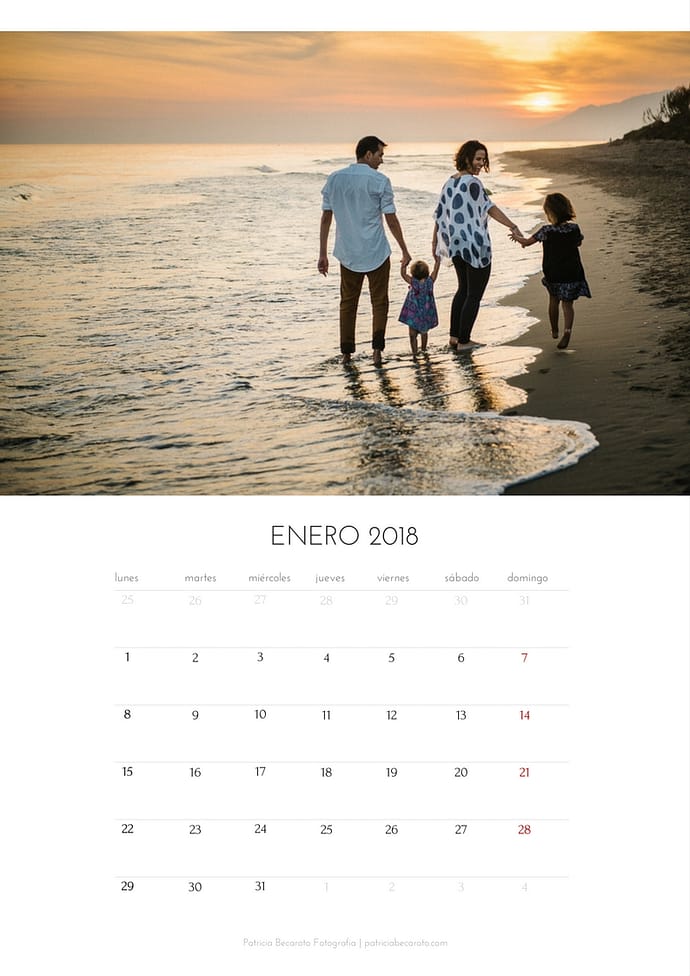 Calendario mensual 2018 Enero. Fotógrafa de familia en Málaga. Patricia Becaroto